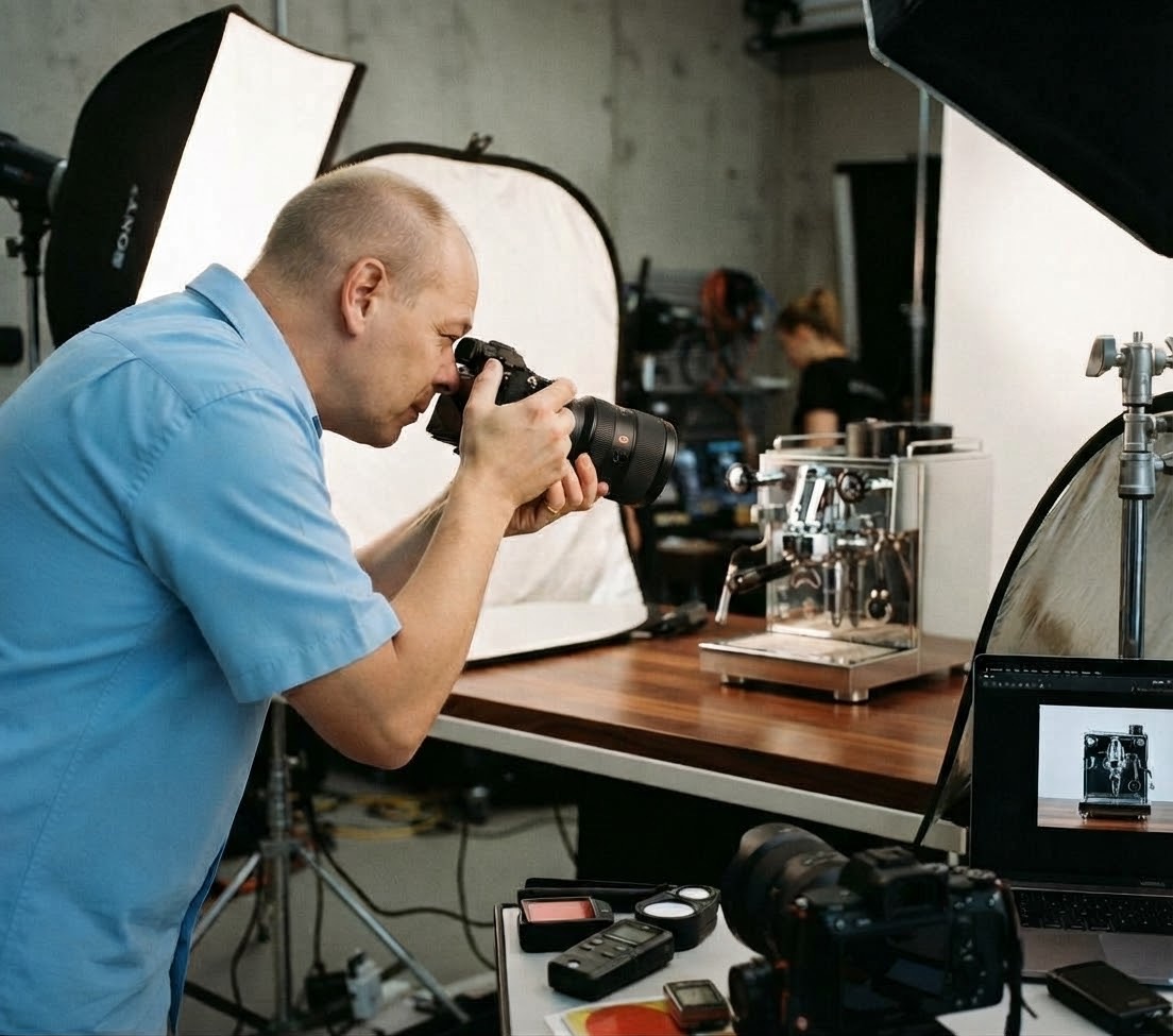 Produktfotografie: Aufnahme einer Espressomaschine im Fotostudio